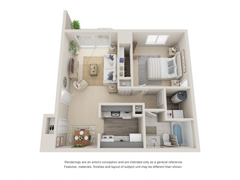 Floor plan for 1 bed, 1 bath, 725 sqft